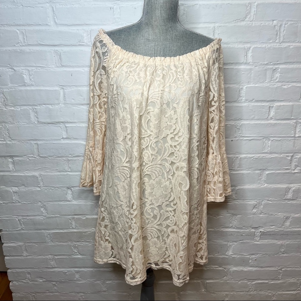 Altar’d State Lace Off the Shoulder Mini Dress in Cream Size Medium